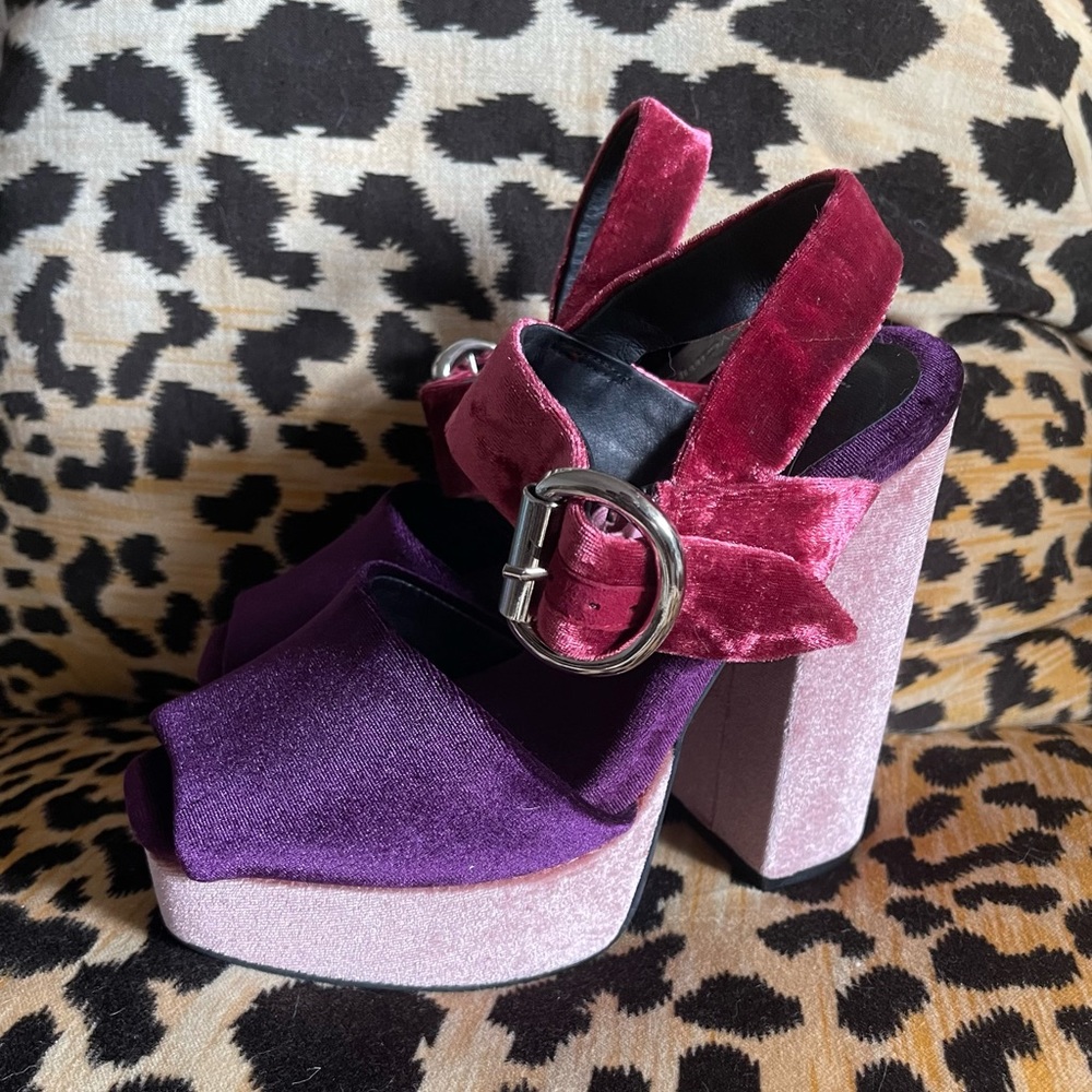 Jeffrey Campbell pink and purple velvet platforms